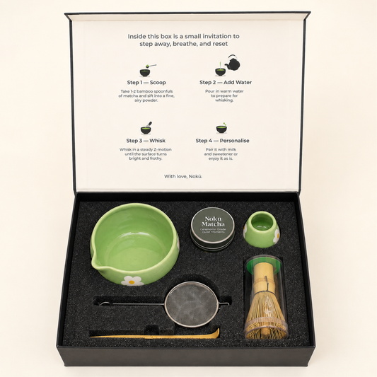 Nokū matcha gift set with ceramic bowl, bamboo whisk and matcha tin