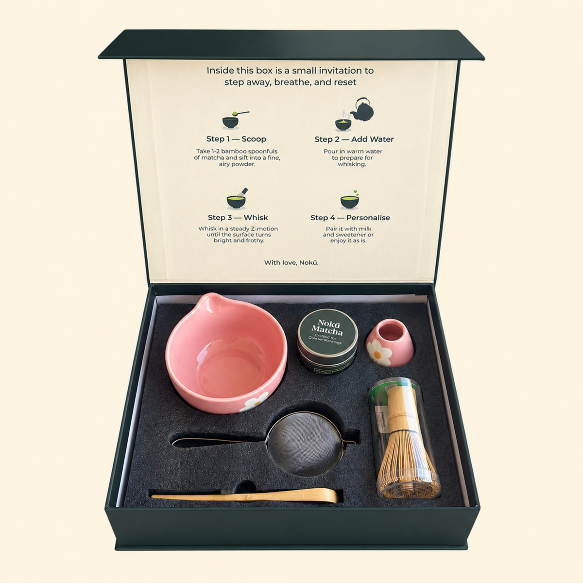 Nokū matcha gift set with pink floral ceramic bowl, bamboo whisk and scoop