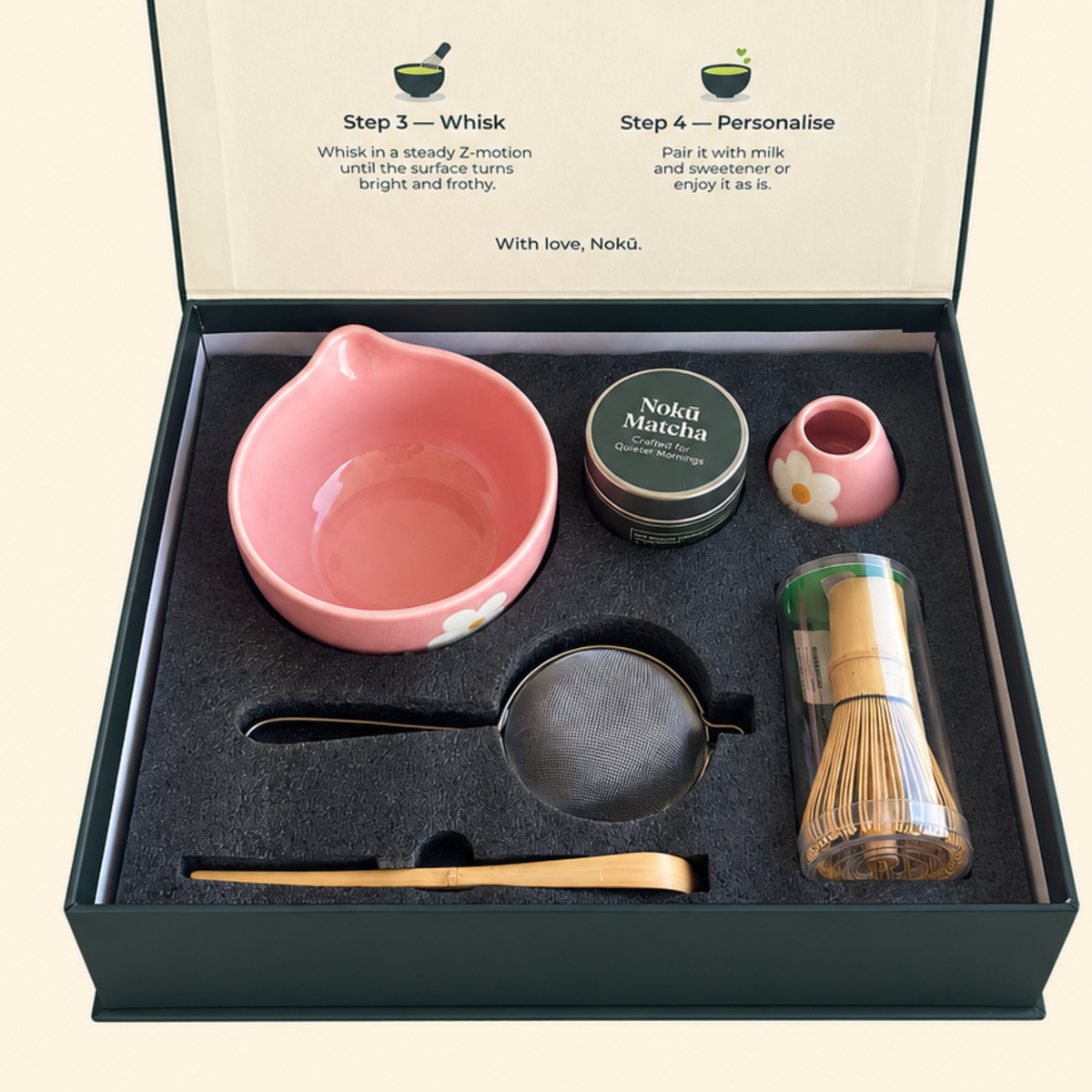 Nokū pink floral matcha gift set with Kagoshima matcha and traditional tools