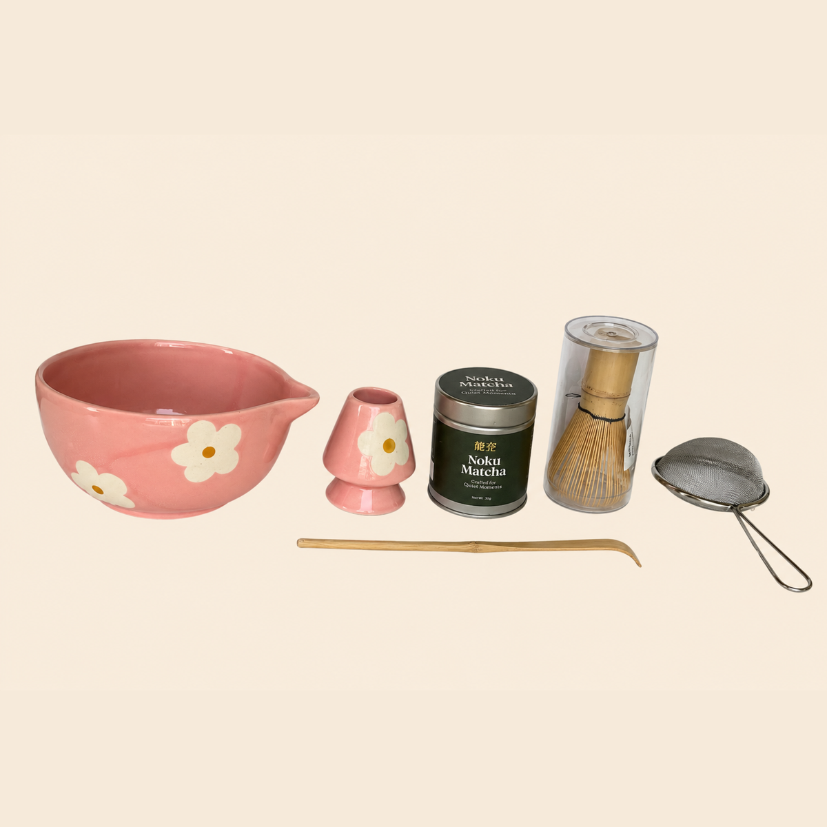 Nokū pink floral matcha gift box, ready for gifting